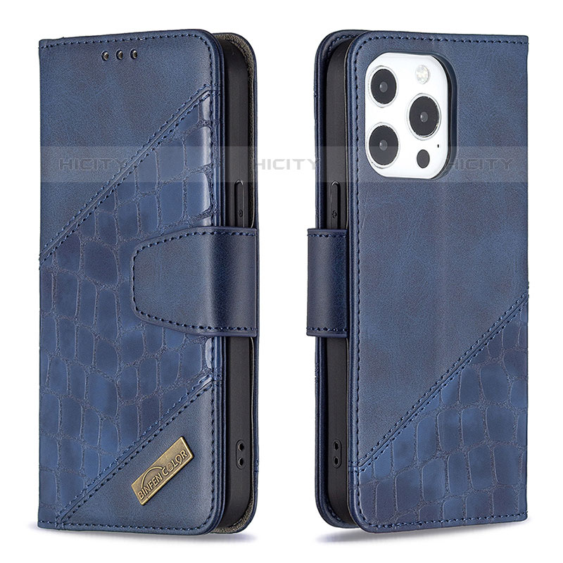 Handytasche Stand Schutzhülle Flip Leder Hülle Modisch Muster L05 für Apple iPhone 15 Pro Blau