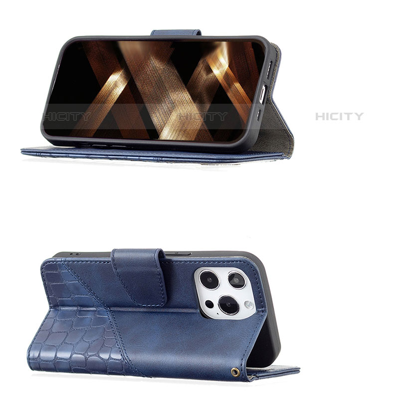 Handytasche Stand Schutzhülle Flip Leder Hülle Modisch Muster L05 für Apple iPhone 15 Pro Blau