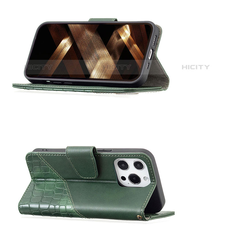 Handytasche Stand Schutzhülle Flip Leder Hülle Modisch Muster L05 für Apple iPhone 15 Pro Grün