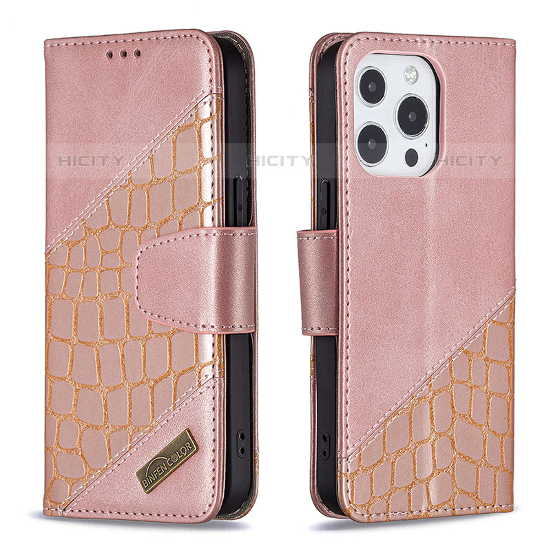 Handytasche Stand Schutzhülle Flip Leder Hülle Modisch Muster L05 für Apple iPhone 15 Pro Rosegold