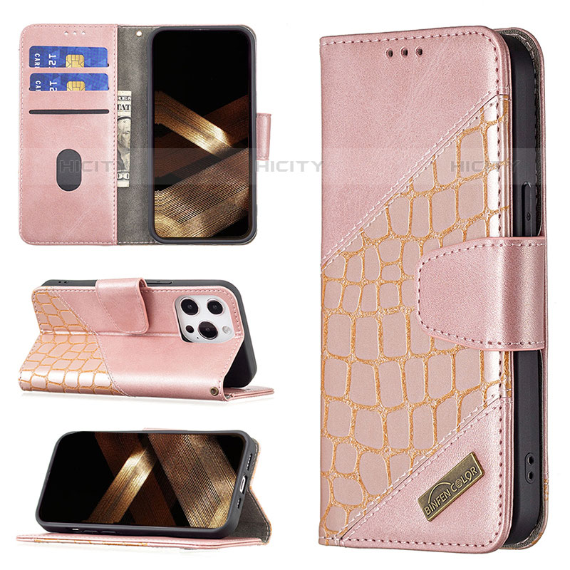 Handytasche Stand Schutzhülle Flip Leder Hülle Modisch Muster L05 für Apple iPhone 15 Pro Rosegold