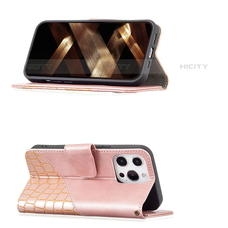 Handytasche Stand Schutzhülle Flip Leder Hülle Modisch Muster L05 für Apple iPhone 15 Pro Rosegold