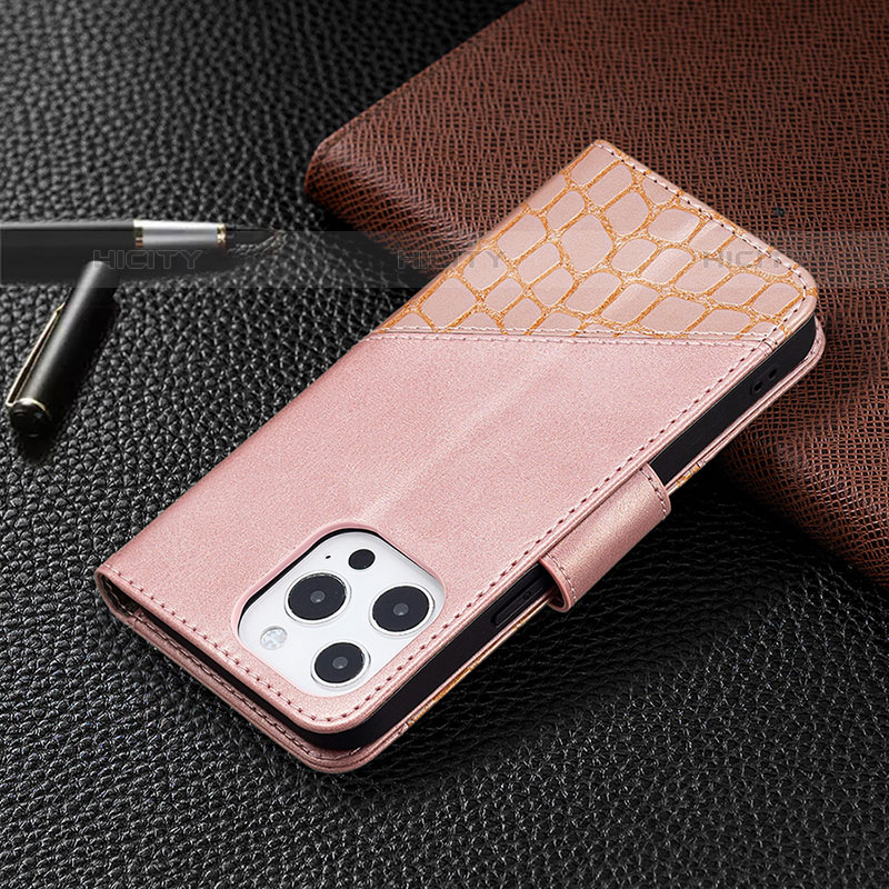 Handytasche Stand Schutzhülle Flip Leder Hülle Modisch Muster L05 für Apple iPhone 15 Pro Rosegold