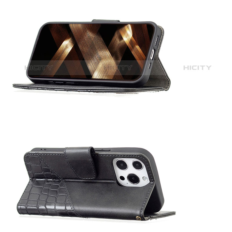 Handytasche Stand Schutzhülle Flip Leder Hülle Modisch Muster L05 für Apple iPhone 15 Pro Schwarz