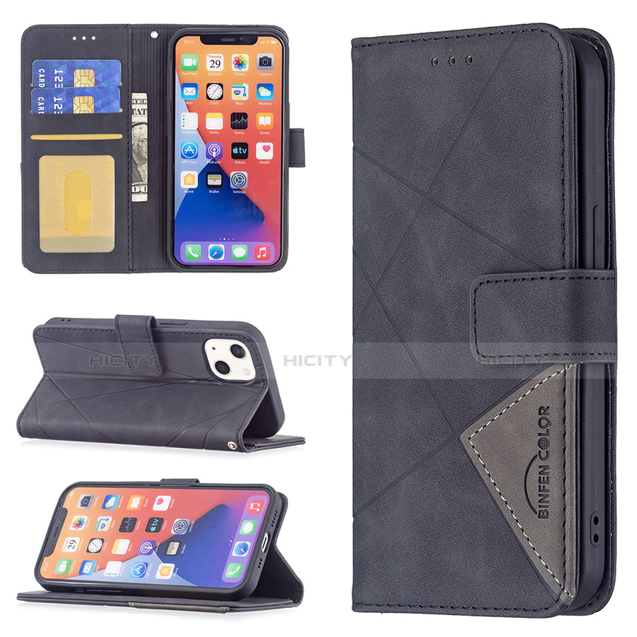 Handytasche Stand Schutzhülle Flip Leder Hülle Modisch Muster L06 für Apple iPhone 13 Mini Schwarz