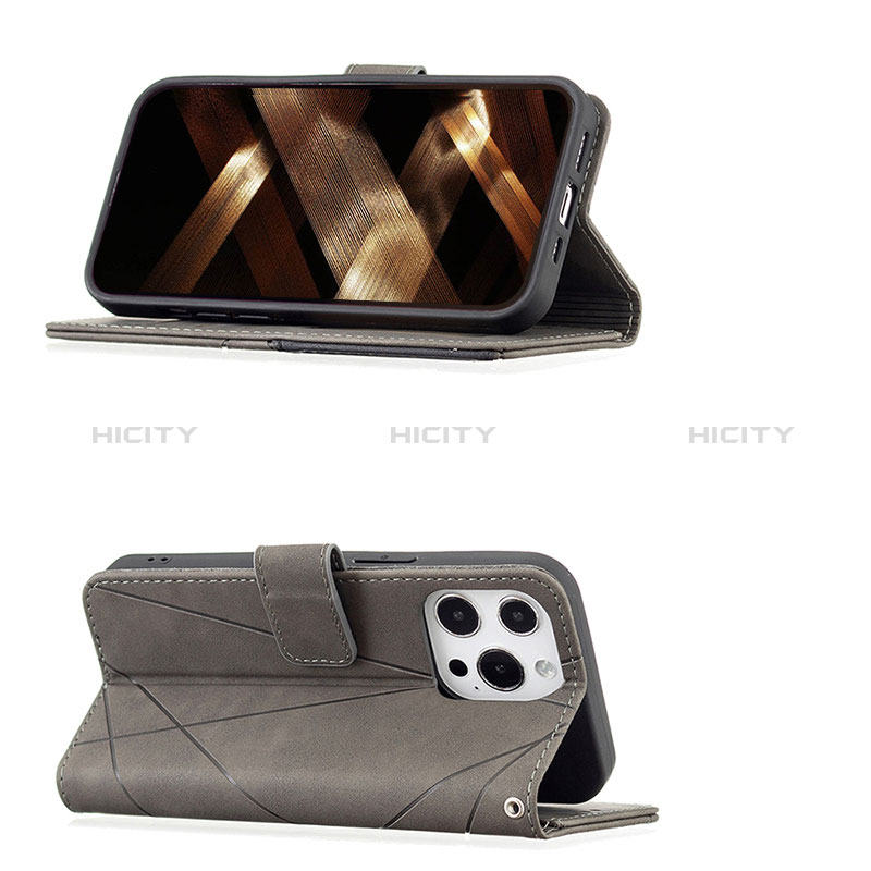 Handytasche Stand Schutzhülle Flip Leder Hülle Modisch Muster L06 für Apple iPhone 14 Pro Grau groß