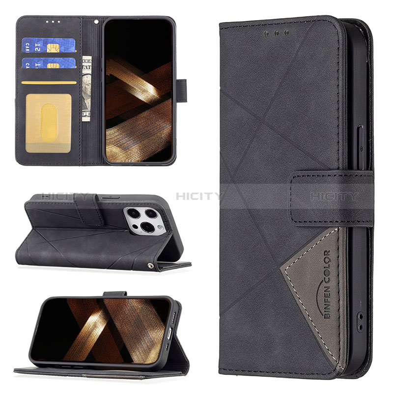 Handytasche Stand Schutzhülle Flip Leder Hülle Modisch Muster L06 für Apple iPhone 14 Pro Max Schwarz groß