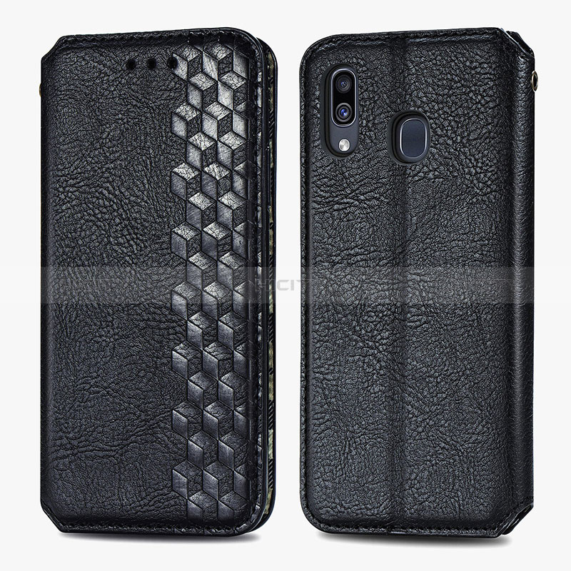 Handytasche Stand Schutzhülle Flip Leder Hülle S01D für Samsung Galaxy A20 Schwarz