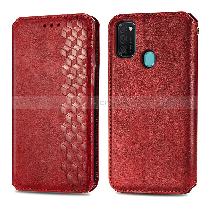 Handytasche Stand Schutzhülle Flip Leder Hülle S01D für Samsung Galaxy M21 Rot Plus