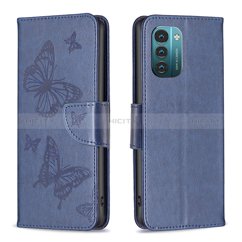 Handytasche Stand Schutzhülle Flip Leder Hülle Schmetterling B01F für Nokia G11 Blau Plus