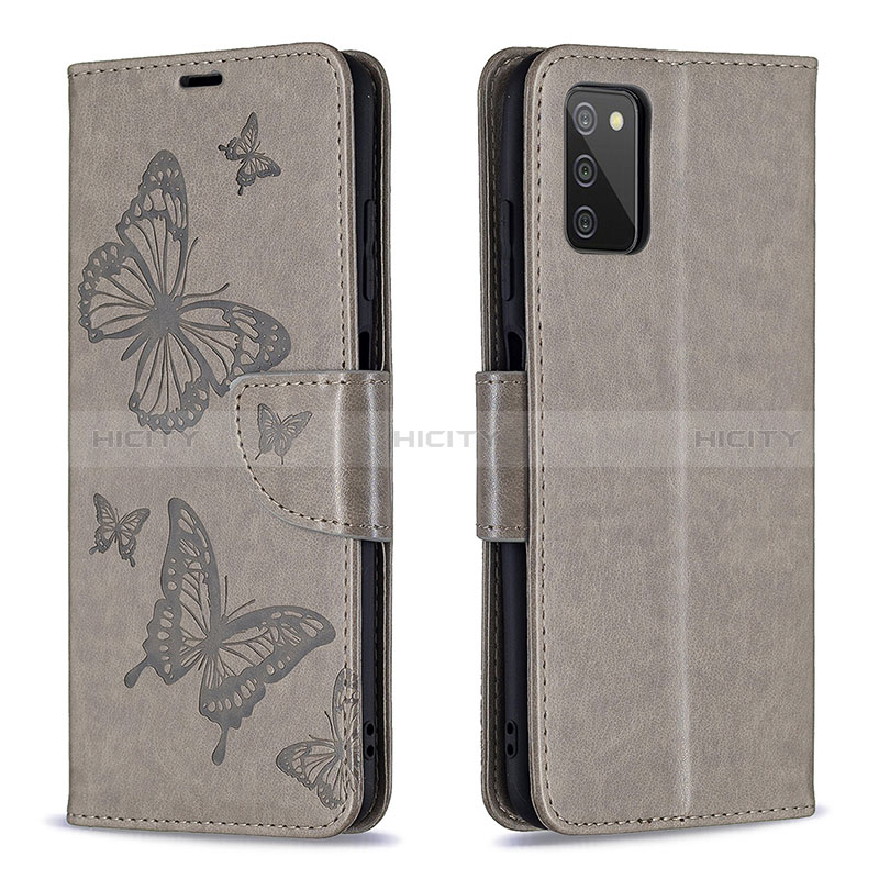 Handytasche Stand Schutzhülle Flip Leder Hülle Schmetterling B01F für Samsung Galaxy A02s Grau Plus