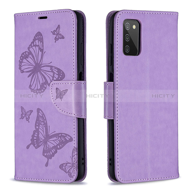 Handytasche Stand Schutzhülle Flip Leder Hülle Schmetterling B01F für Samsung Galaxy A02s Helles Lila Plus