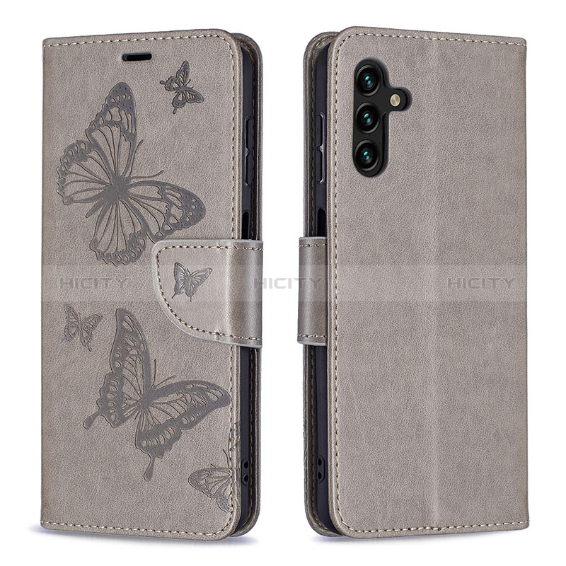 Handytasche Stand Schutzhülle Flip Leder Hülle Schmetterling B01F für Samsung Galaxy A04s Grau