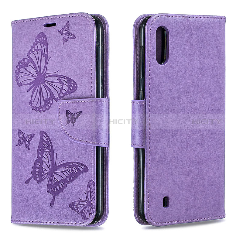 Handytasche Stand Schutzhülle Flip Leder Hülle Schmetterling B01F für Samsung Galaxy A10 Helles Lila