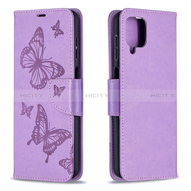 Handytasche Stand Schutzhülle Flip Leder Hülle Schmetterling B01F für Samsung Galaxy A12 5G Helles Lila Plus