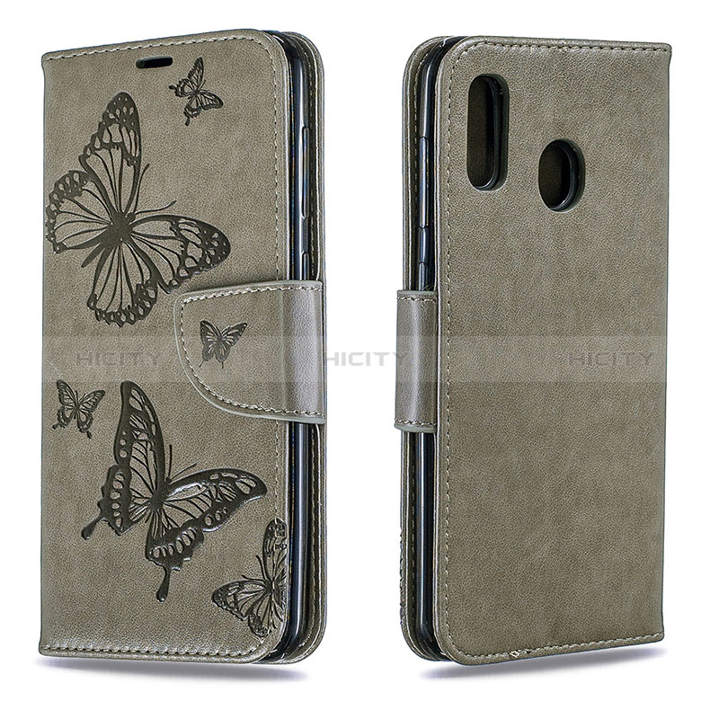 Handytasche Stand Schutzhülle Flip Leder Hülle Schmetterling B01F für Samsung Galaxy A20 Grau Plus