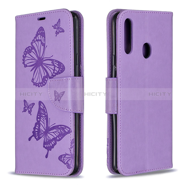 Handytasche Stand Schutzhülle Flip Leder Hülle Schmetterling B01F für Samsung Galaxy A20s Helles Lila Plus