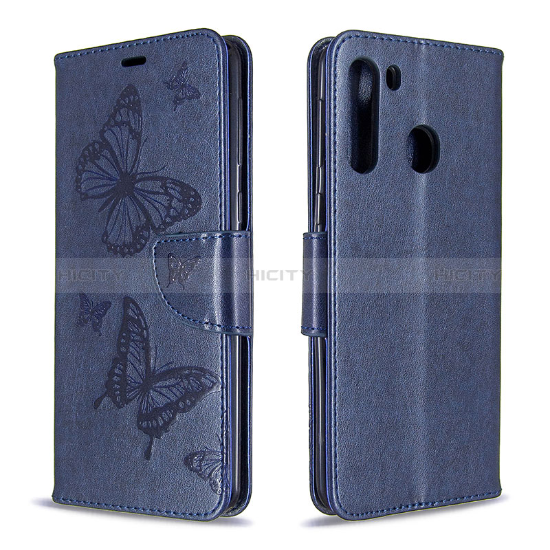 Handytasche Stand Schutzhülle Flip Leder Hülle Schmetterling B01F für Samsung Galaxy A21 Blau
