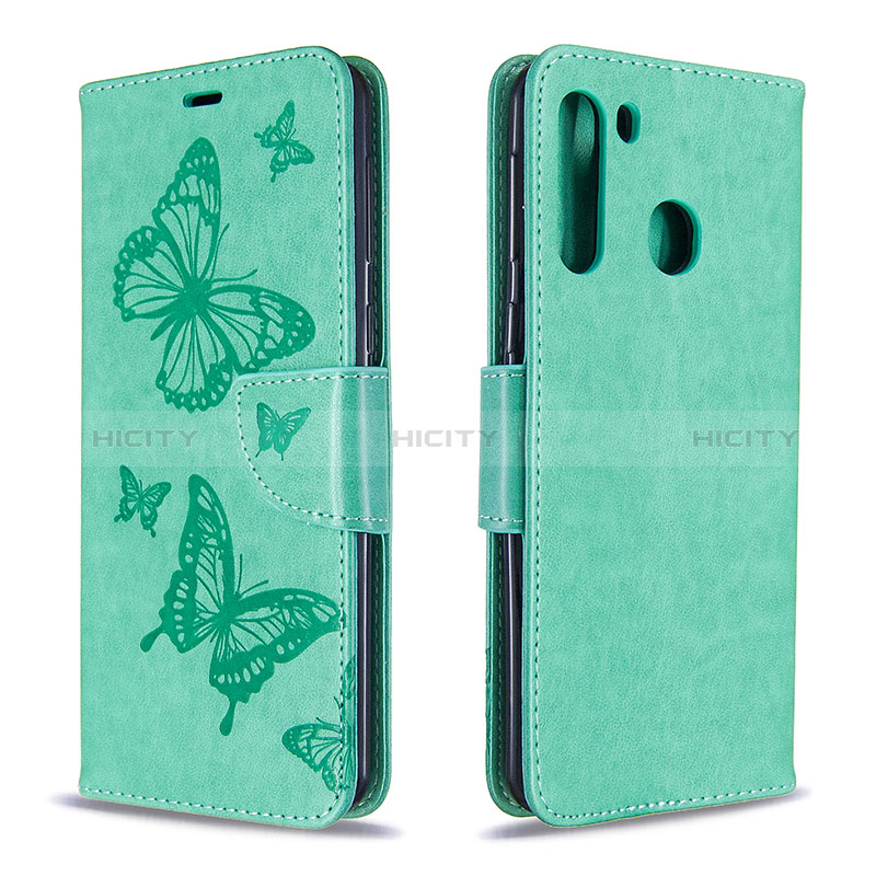 Handytasche Stand Schutzhülle Flip Leder Hülle Schmetterling B01F für Samsung Galaxy A21 Grün Plus