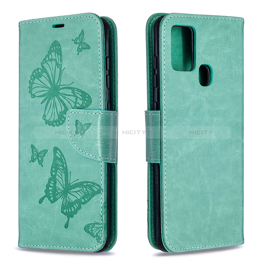 Handytasche Stand Schutzhülle Flip Leder Hülle Schmetterling B01F für Samsung Galaxy A21s Grün