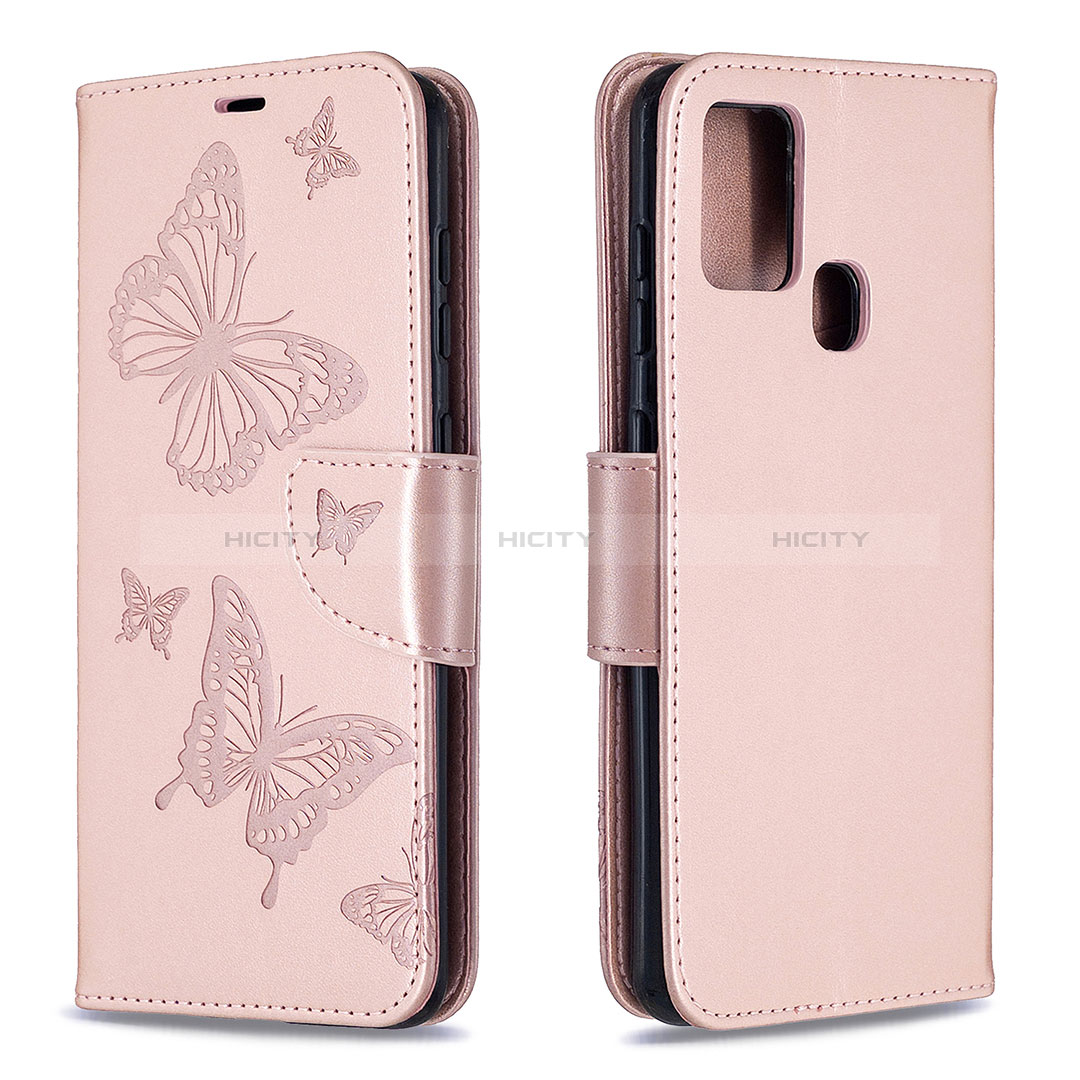 Handytasche Stand Schutzhülle Flip Leder Hülle Schmetterling B01F für Samsung Galaxy A21s Rosegold