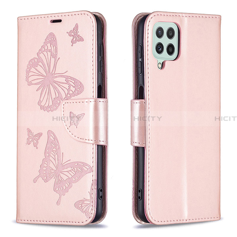 Handytasche Stand Schutzhülle Flip Leder Hülle Schmetterling B01F für Samsung Galaxy A22 4G Rosegold