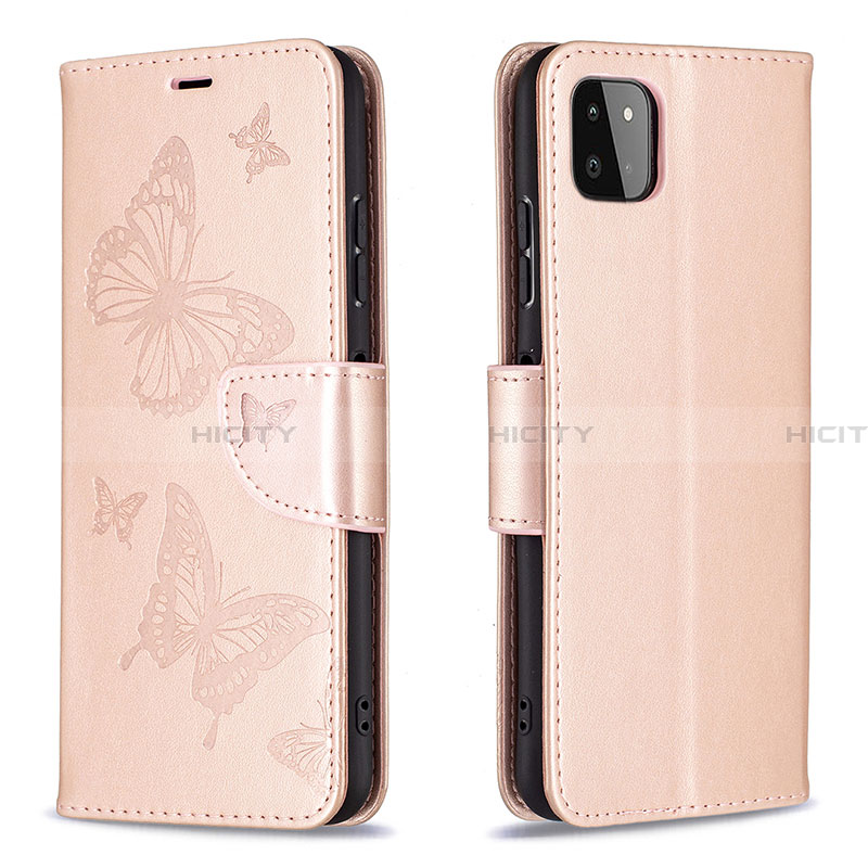 Handytasche Stand Schutzhülle Flip Leder Hülle Schmetterling B01F für Samsung Galaxy A22 5G Rosegold