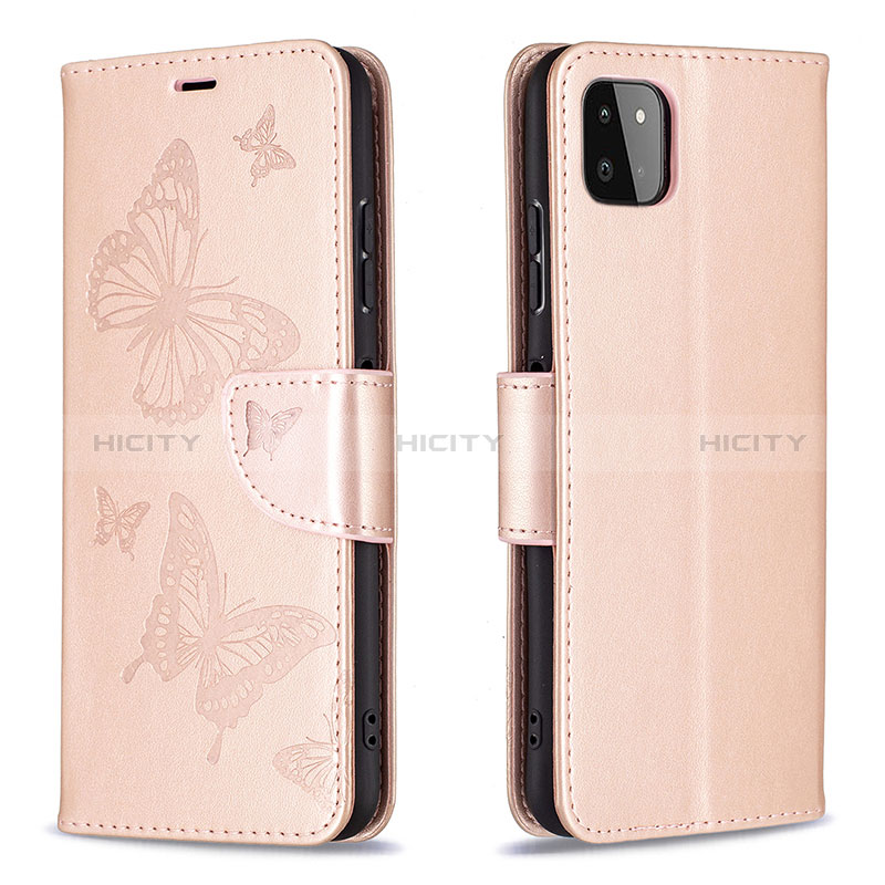 Handytasche Stand Schutzhülle Flip Leder Hülle Schmetterling B01F für Samsung Galaxy A22s 5G Rosegold Plus