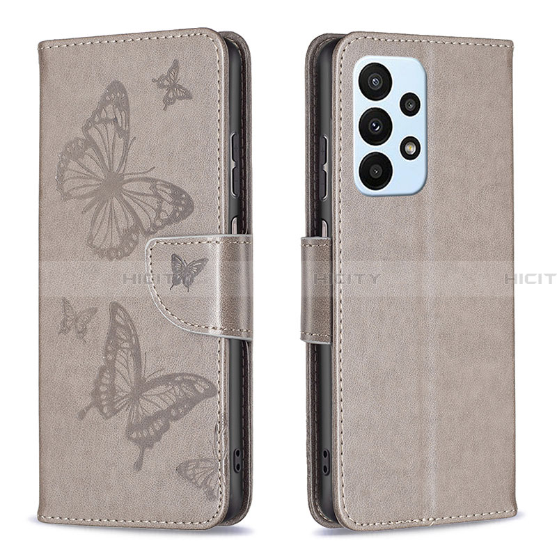 Handytasche Stand Schutzhülle Flip Leder Hülle Schmetterling B01F für Samsung Galaxy A23 4G Grau