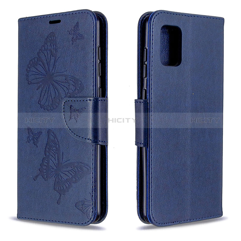 Handytasche Stand Schutzhülle Flip Leder Hülle Schmetterling B01F für Samsung Galaxy A31 Blau