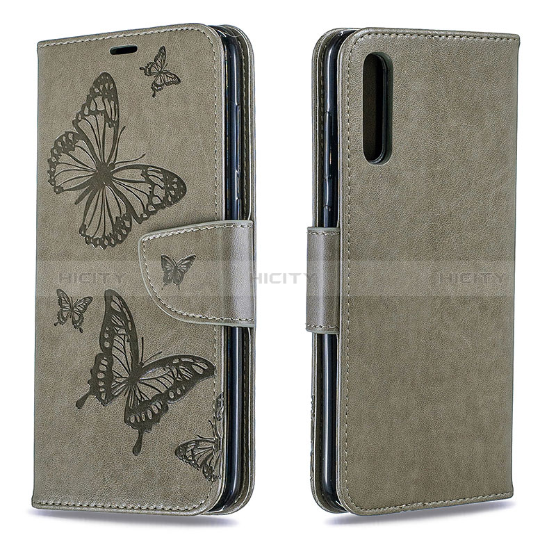 Handytasche Stand Schutzhülle Flip Leder Hülle Schmetterling B01F für Samsung Galaxy A70 Grau