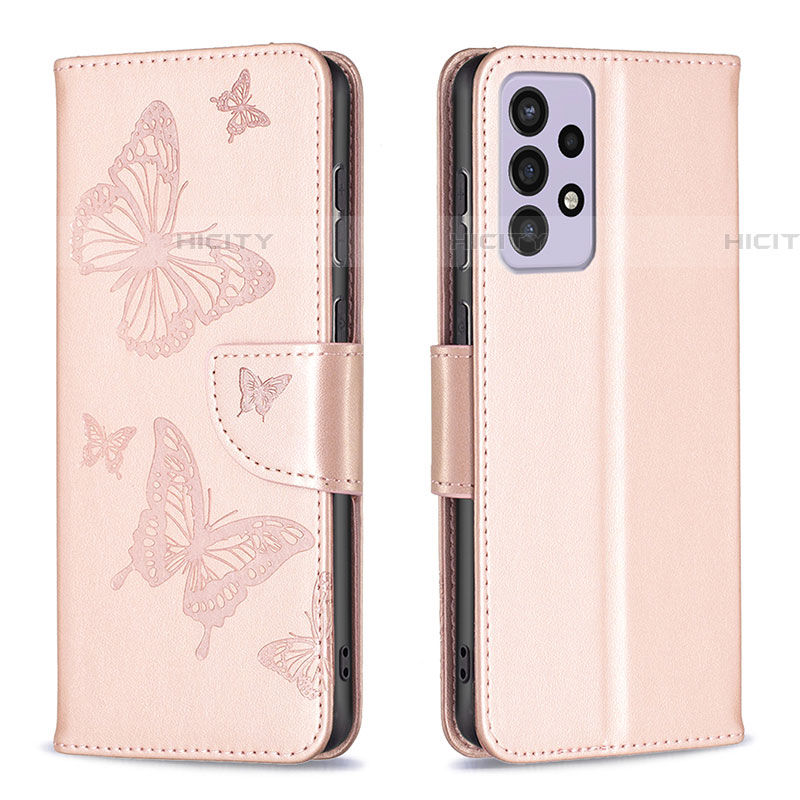 Handytasche Stand Schutzhülle Flip Leder Hülle Schmetterling B01F für Samsung Galaxy A73 5G Rosegold Plus