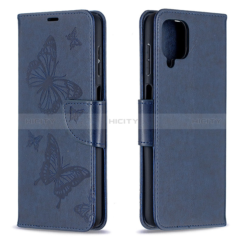 Handytasche Stand Schutzhülle Flip Leder Hülle Schmetterling B01F für Samsung Galaxy F12 Blau