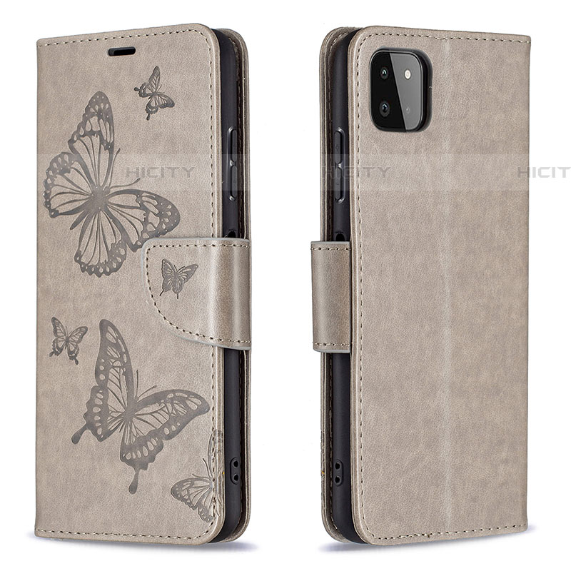 Handytasche Stand Schutzhülle Flip Leder Hülle Schmetterling B01F für Samsung Galaxy F42 5G Grau