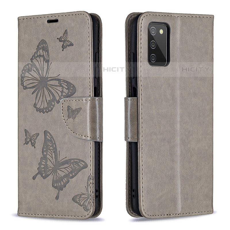 Handytasche Stand Schutzhülle Flip Leder Hülle Schmetterling B01F für Samsung Galaxy M02s Grau