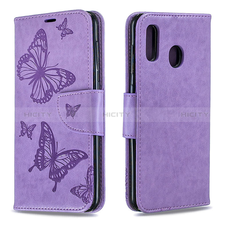 Handytasche Stand Schutzhülle Flip Leder Hülle Schmetterling B01F für Samsung Galaxy M10S Helles Lila Plus