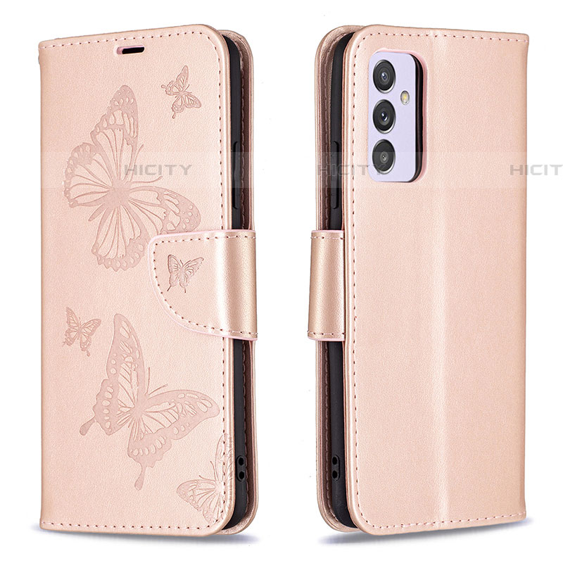 Handytasche Stand Schutzhülle Flip Leder Hülle Schmetterling B01F für Samsung Galaxy M14 5G Rosegold Plus