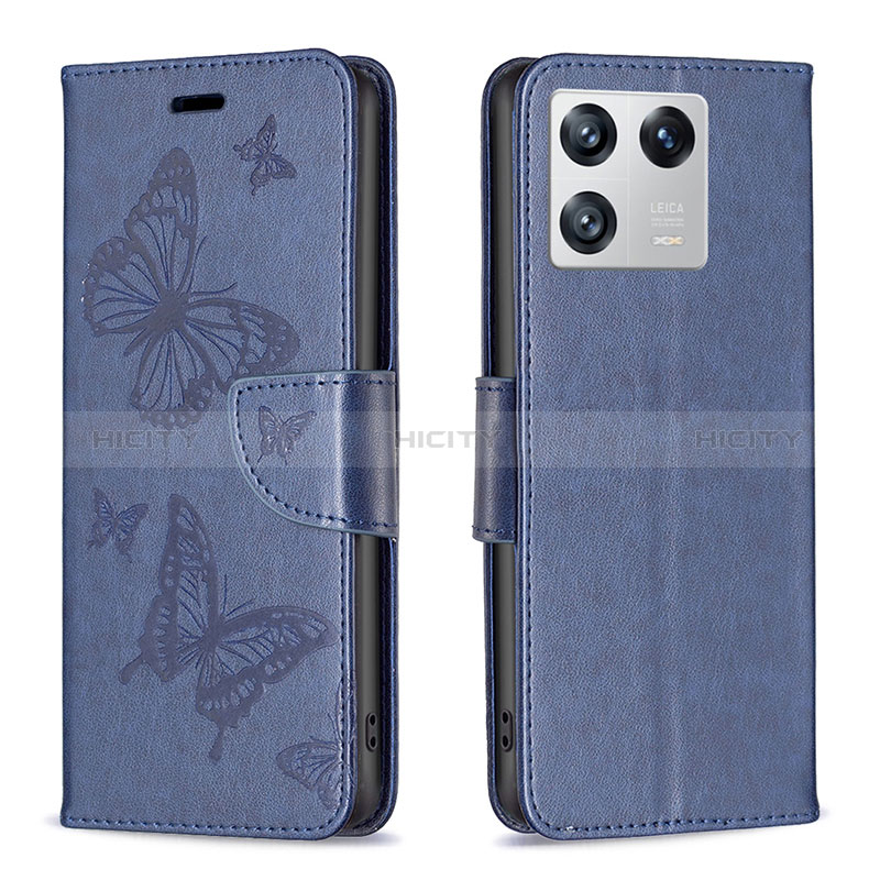 Handytasche Stand Schutzhülle Flip Leder Hülle Schmetterling B01F für Xiaomi Mi 13 5G Blau Plus