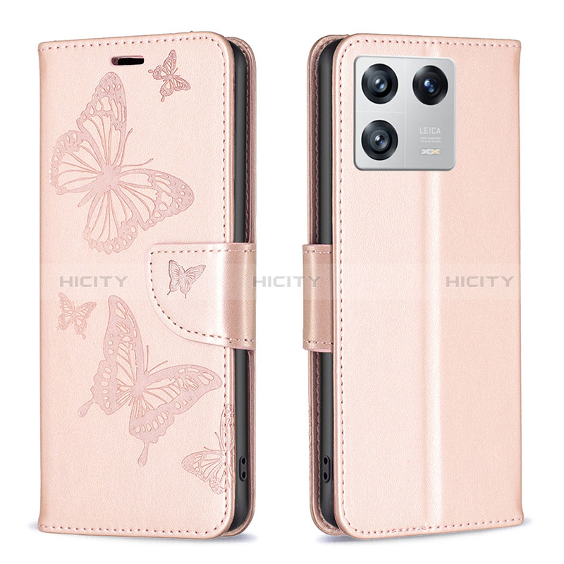 Handytasche Stand Schutzhülle Flip Leder Hülle Schmetterling B01F für Xiaomi Mi 13 5G Rosegold
