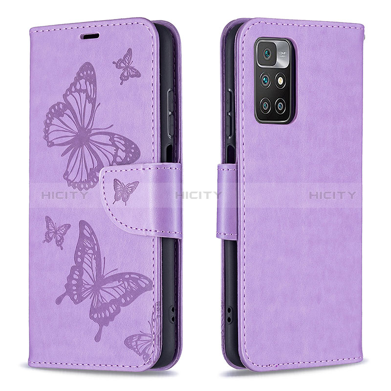Handytasche Stand Schutzhülle Flip Leder Hülle Schmetterling B01F für Xiaomi Redmi 10 4G Helles Lila