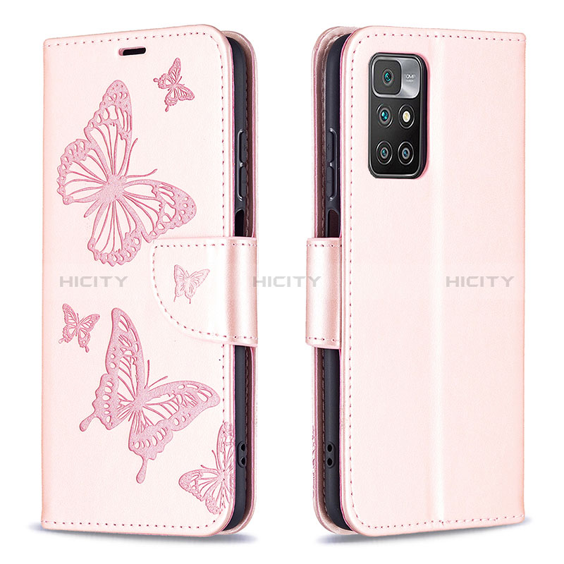 Handytasche Stand Schutzhülle Flip Leder Hülle Schmetterling B01F für Xiaomi Redmi 10 4G Rosegold Plus