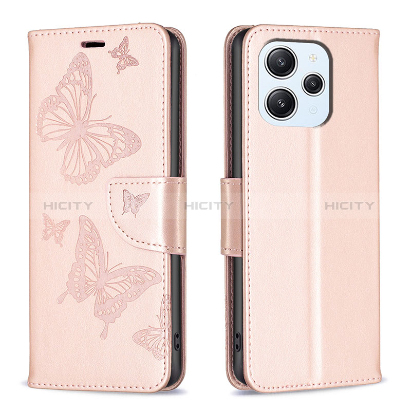 Handytasche Stand Schutzhülle Flip Leder Hülle Schmetterling B01F für Xiaomi Redmi 12 4G Rosegold Plus