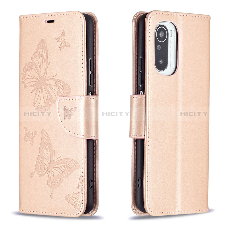 Handytasche Stand Schutzhülle Flip Leder Hülle Schmetterling B01F für Xiaomi Redmi K40 5G Rosegold Plus