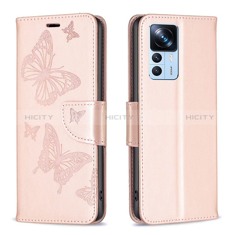 Handytasche Stand Schutzhülle Flip Leder Hülle Schmetterling B01F für Xiaomi Redmi K50 Ultra 5G Rosegold