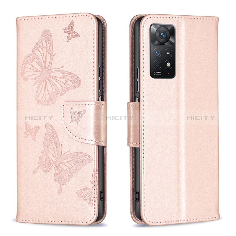 Handytasche Stand Schutzhülle Flip Leder Hülle Schmetterling B01F für Xiaomi Redmi Note 11 Pro 5G Rosegold Plus