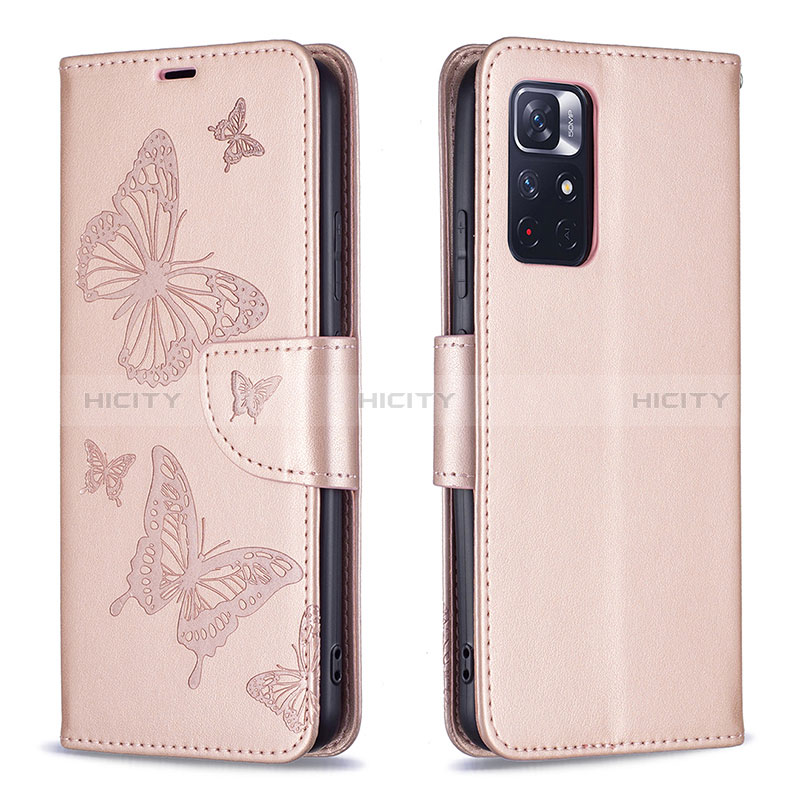 Handytasche Stand Schutzhülle Flip Leder Hülle Schmetterling B01F für Xiaomi Redmi Note 11S 5G Rosegold