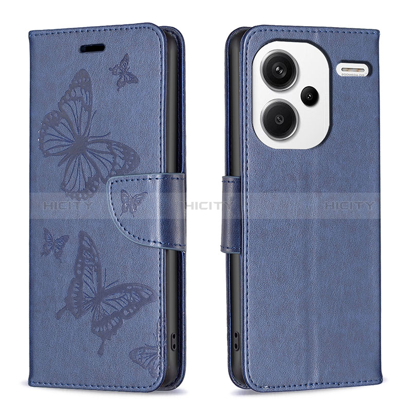 Handytasche Stand Schutzhülle Flip Leder Hülle Schmetterling B01F für Xiaomi Redmi Note 13 Pro+ Plus 5G Blau