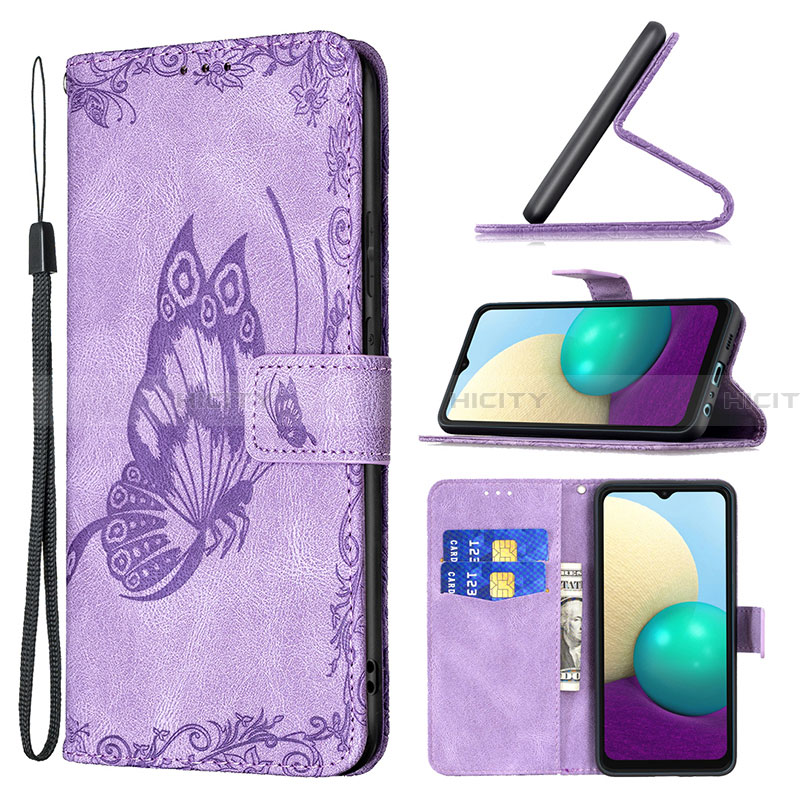 Handytasche Stand Schutzhülle Flip Leder Hülle Schmetterling B02F für Samsung Galaxy A02