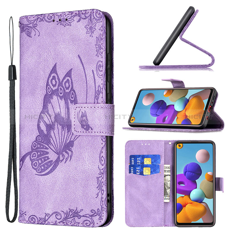 Handytasche Stand Schutzhülle Flip Leder Hülle Schmetterling B02F für Samsung Galaxy A21s