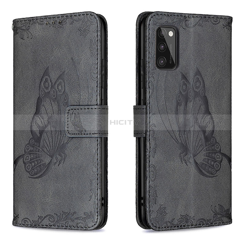 Handytasche Stand Schutzhülle Flip Leder Hülle Schmetterling B02F für Samsung Galaxy A41 Schwarz